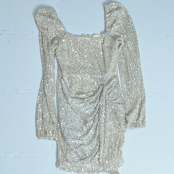 Altar'd State Dress XS Gold Champagne Long Sleeve Off The Shoulder Sequins - Picture 2 of 8